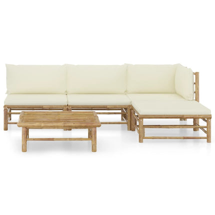 Salon de jardin d'angle en bambou avec coussins crème modulable