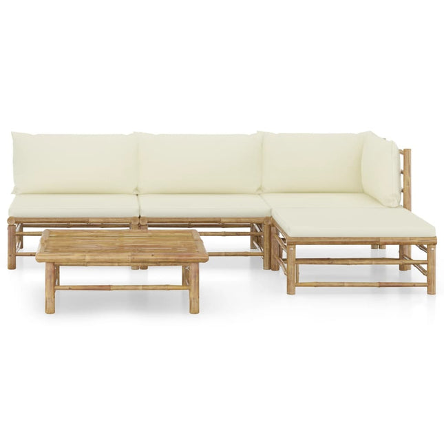 Salon de jardin d'angle en bambou avec coussins crème modulable