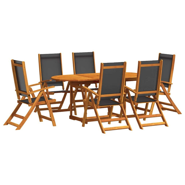Table ovale extensible et 6 fauteuils inclinables de jardin en acacia massif et textilène noire