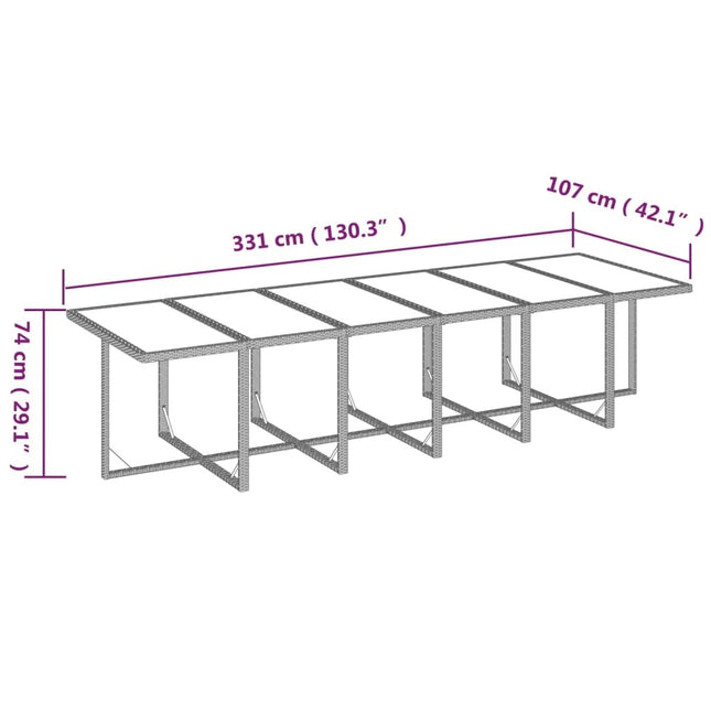 Table et chaises de jardin 12 places en résine tressée marron avec verre trempé