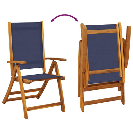 Table ronde extensible et 4 fauteuils inclinables de jardin en acacia massif et textilène bleu