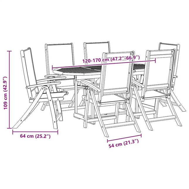 Table ovale extensible et 6 fauteuils inclinables de jardin en acacia massif et textilène crème