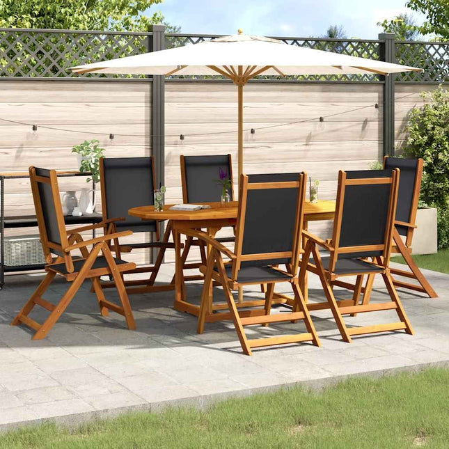 Table ovale extensible et 6 fauteuils inclinables de jardin en acacia massif et textilène noire