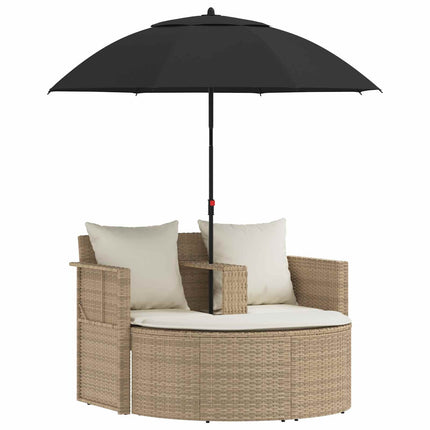 Canapé de jardin 2 places avec parasol en résine tressée beige et blanc crème