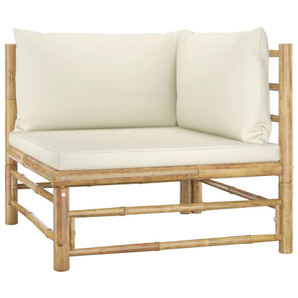 Salon de jardin d'angle en bambou avec coussins crème modulable