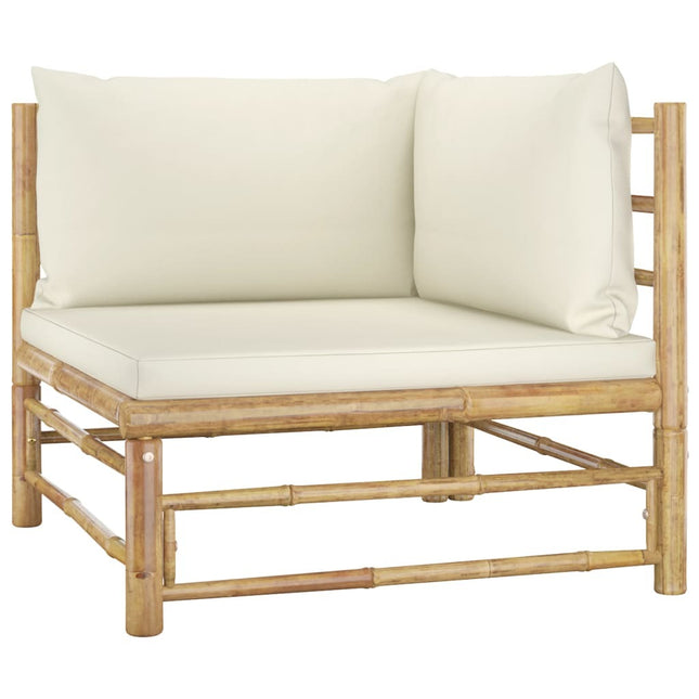 Salon de jardin d'angle en bambou avec coussins crème modulable