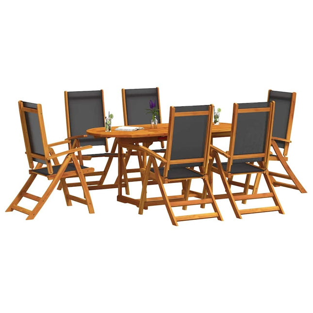 Table ovale extensible et 6 fauteuils inclinables de jardin en acacia massif et textilène noire