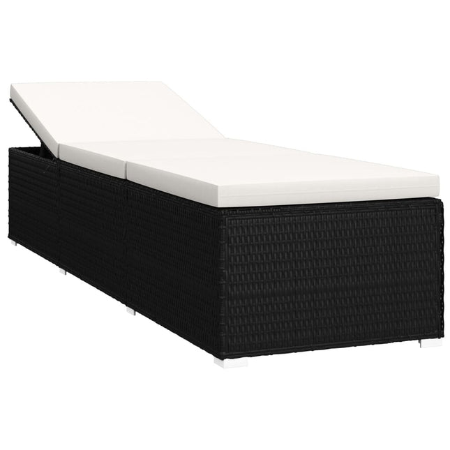 Ensemble de 2 bains de soleil avec table d'appoint en résine tressée noire et coussins blancs