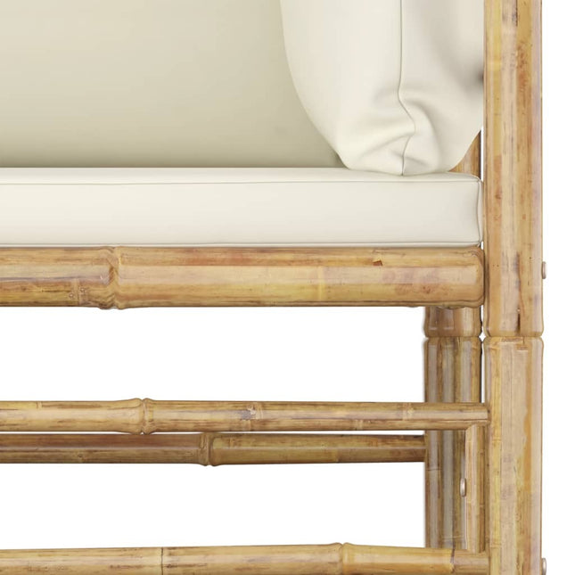 Salon de jardin d'angle en bambou avec coussins crème modulable