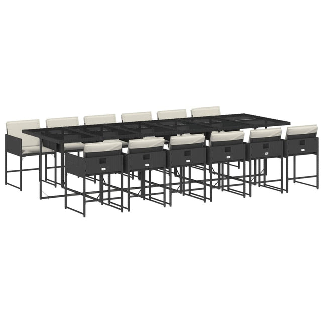 Table et chaises de jardin 12 places en résine tressée noire avec plateau en verre trempé