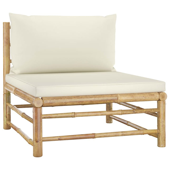 Salon de jardin d'angle en bambou avec coussins crème modulable