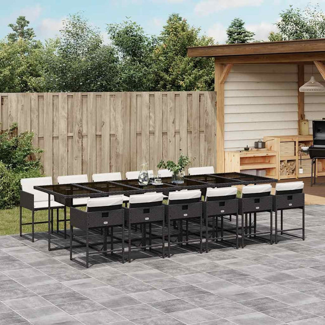 Table et chaises de jardin 12 places en résine tressée noire avec plateau en verre trempé