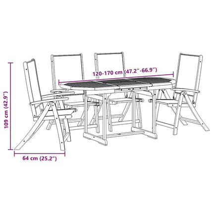 Table ronde extensible et 4 fauteuils inclinables de jardin en acacia massif et textilène bleu