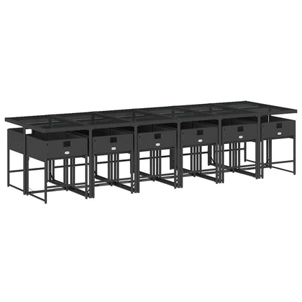 Table et chaises de jardin 12 places en résine tressée noire avec plateau en verre trempé