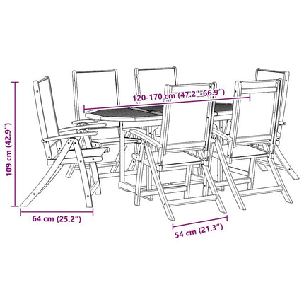 Table extensible 120 à 170 cm et 6 chaises en textilène gris multipositions en bois d'acacia massif