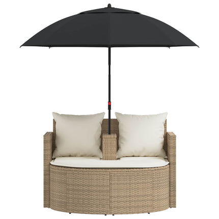 Canapé de jardin 2 places avec parasol en résine tressée beige et blanc crème