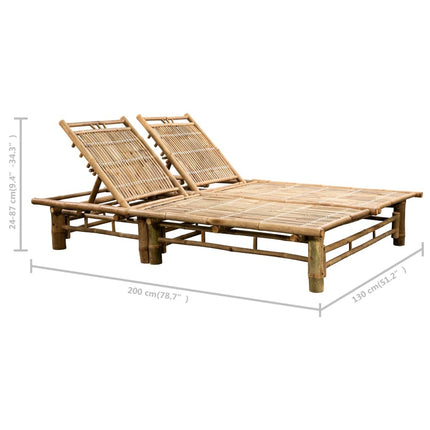 Bain de soleil double en bambou avec dossier réglable et matelas gris clair