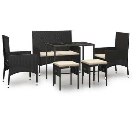 Salon de jardin résine tressée noire avec coussins crème et table verre