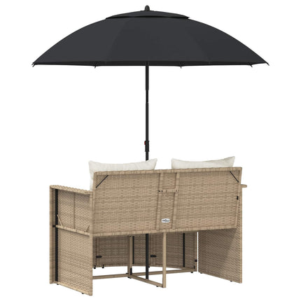 Canapé de jardin 2 places avec parasol en résine tressée beige et blanc crème