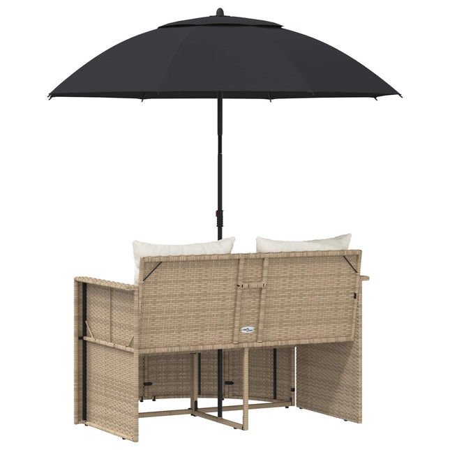 Canapé de jardin 2 places avec parasol en résine tressée beige et blanc crème