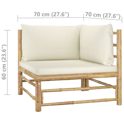 Salon de jardin d'angle en bambou avec coussins crème modulable