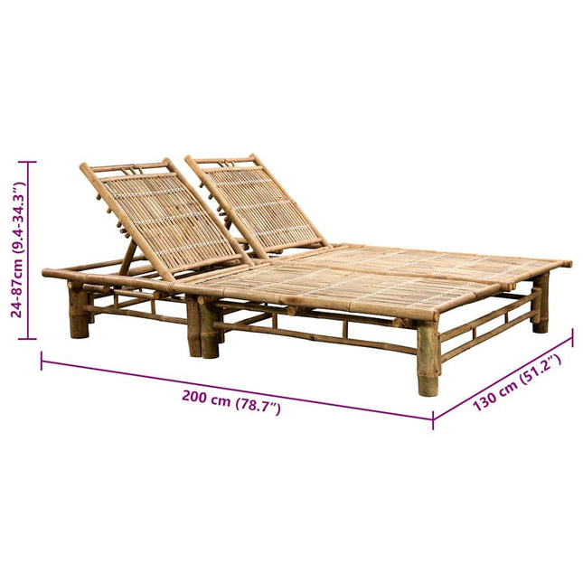 Bain de soleil double en bambou avec dossier réglable et matelas crème