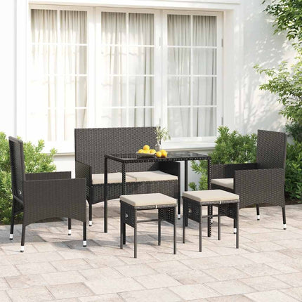 Salon de jardin résine tressée noire avec coussins crème et table verre