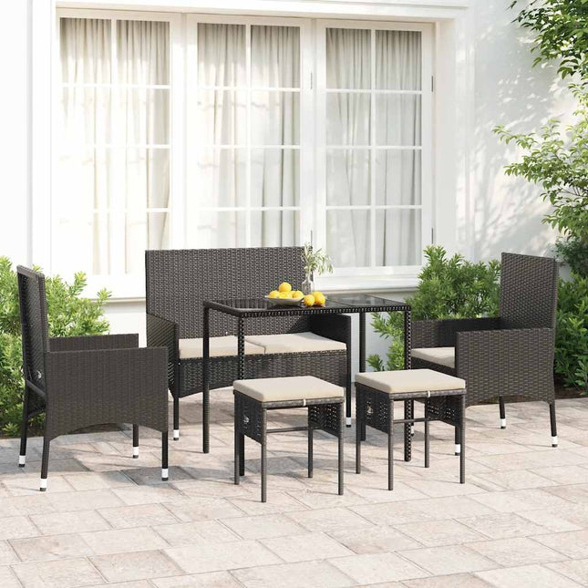 Salon de jardin résine tressée noire avec coussins crème et table verre