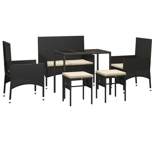 Salon de jardin résine tressée noire avec coussins crème et table verre