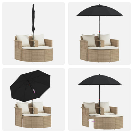 Canapé de jardin 2 places avec parasol en résine tressée beige et blanc crème
