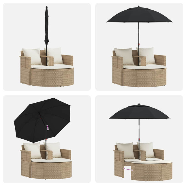 Canapé de jardin 2 places avec parasol en résine tressée beige et blanc crème
