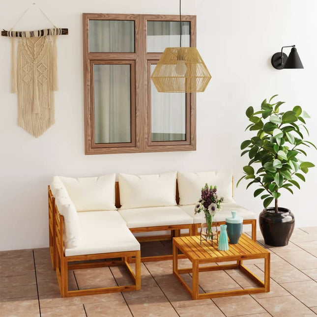 Salon de jardin d'angle en bois d'acacia massif avec coussins crème