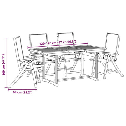 Table extensible et 4 fauteuils inclinables de jardin en acacia massif et textilène taupe 120-170 cm