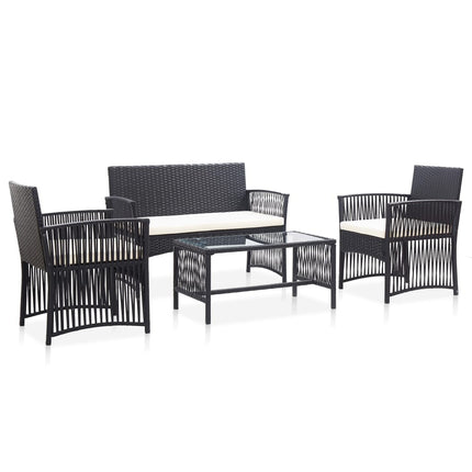 Salon de jardin avec banc, fauteuils et table basse en résine tressée et coussins noirs