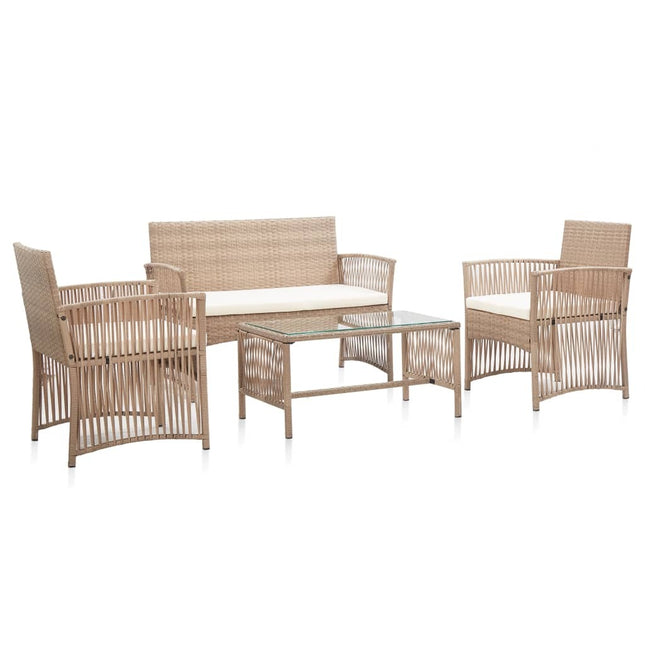Salon de jardin avec banc, fauteuils et table basse en résine tressée et coussins beige