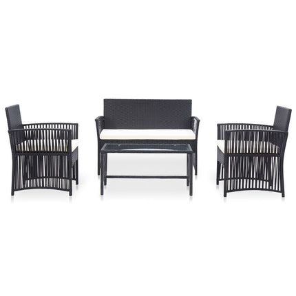 Salon de jardin avec banc, fauteuils et table basse en résine tressée et coussins noirs