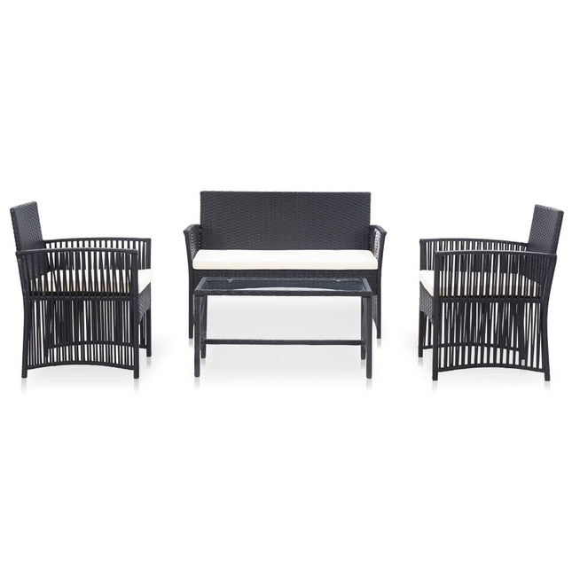 Salon de jardin avec banc, fauteuils et table basse en résine tressée et coussins noirs