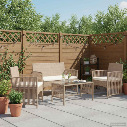 Salon de jardin avec banc, fauteuils et table basse en résine tressée et coussins beige