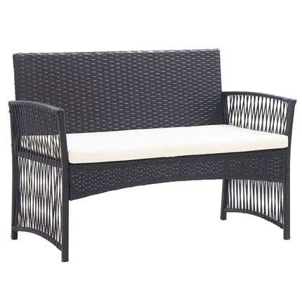 Salon de jardin avec banc, fauteuils et table basse en résine tressée et coussins noirs