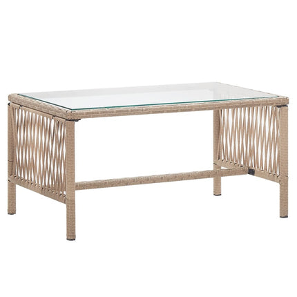 Salon de jardin avec banc, fauteuils et table basse en résine tressée et coussins beige
