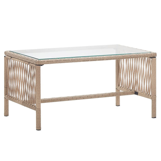 Salon de jardin avec banc, fauteuils et table basse en résine tressée et coussins beige