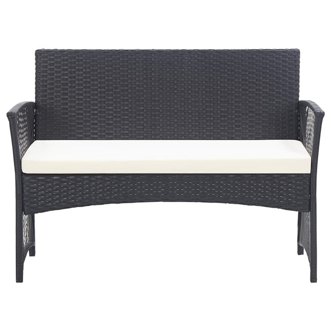 Salon de jardin avec banc, fauteuils et table basse en résine tressée et coussins noirs