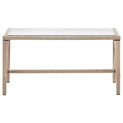 Salon de jardin avec banc, fauteuils et table basse en résine tressée et coussins beige