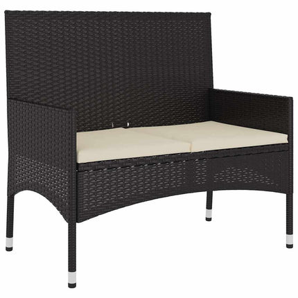Salon de jardin résine tressée noire avec coussins crème et table verre