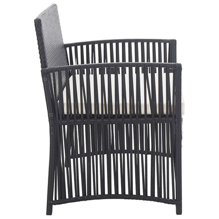 Salon de jardin avec banc, fauteuils et table basse en résine tressée et coussins noirs