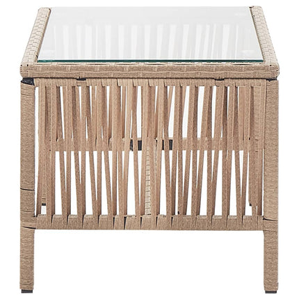 Salon de jardin avec banc, fauteuils et table basse en résine tressée et coussins beige