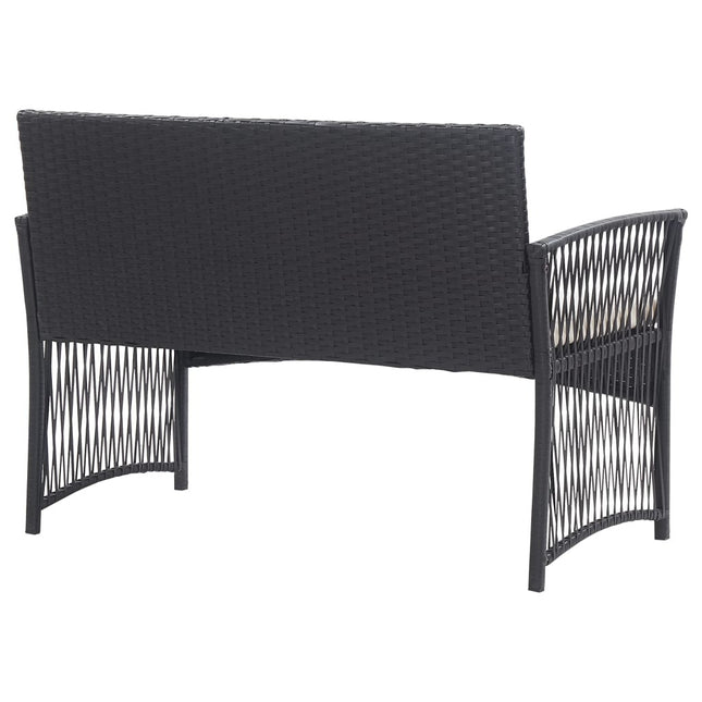 Salon de jardin avec banc, fauteuils et table basse en résine tressée et coussins noirs