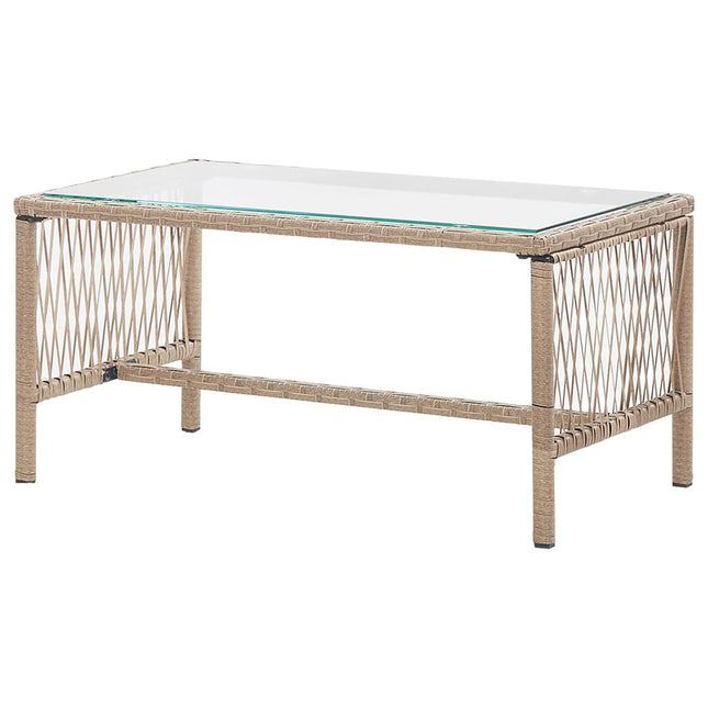Salon de jardin avec banc, fauteuils et table basse en résine tressée et coussins beige