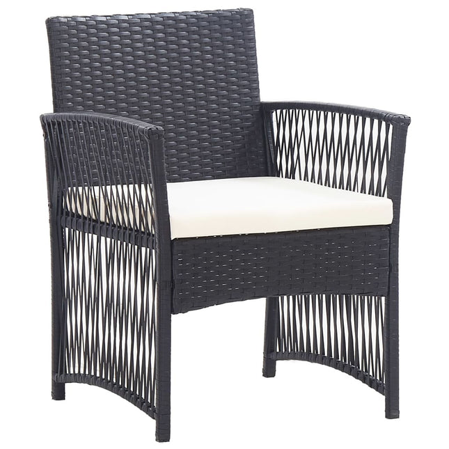 Salon de jardin avec banc, fauteuils et table basse en résine tressée et coussins noirs