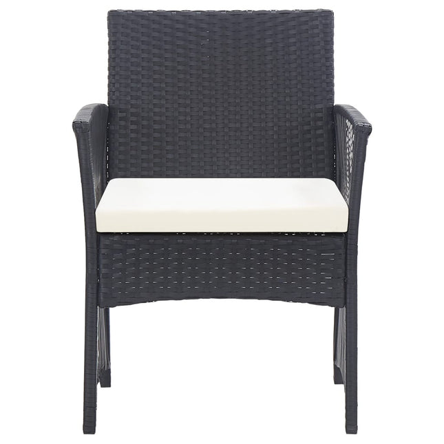 Salon de jardin avec banc, fauteuils et table basse en résine tressée et coussins noirs